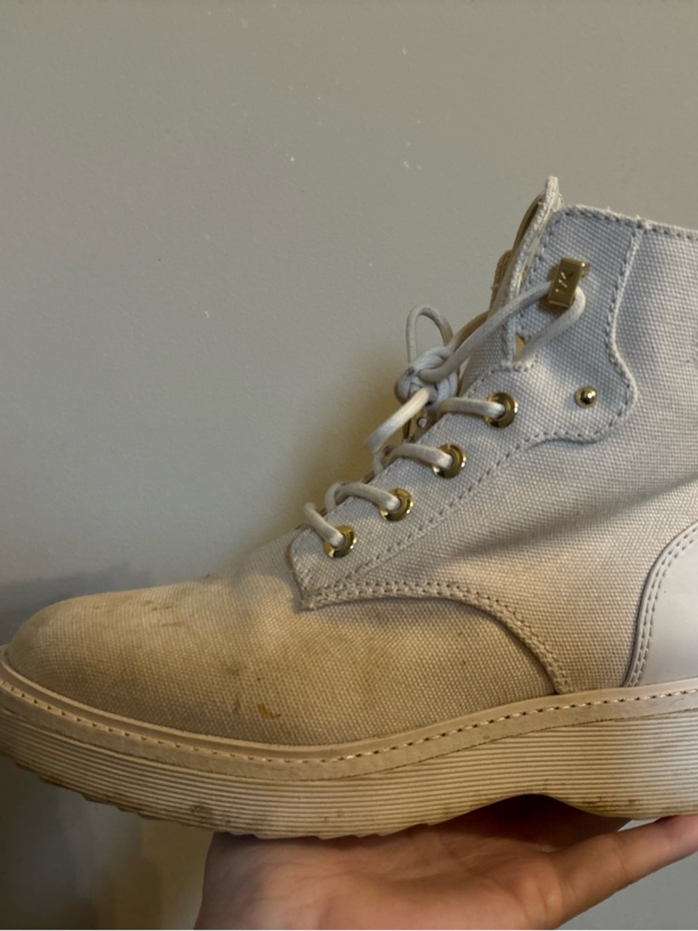 Michael Kors Beige Canvas Combat Boots with Gold Hardware